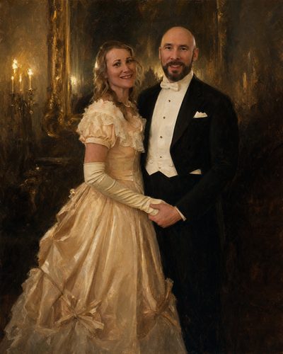 Oil portrait of a man in white-tie evening dress and a woman in a pale gold ball gown and long gloves, in a candlelit room