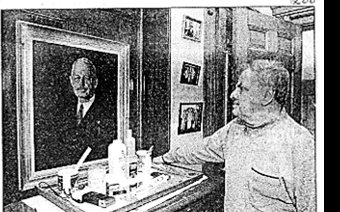 Small grainy newspaper photograph of a man looking at a framed portrait