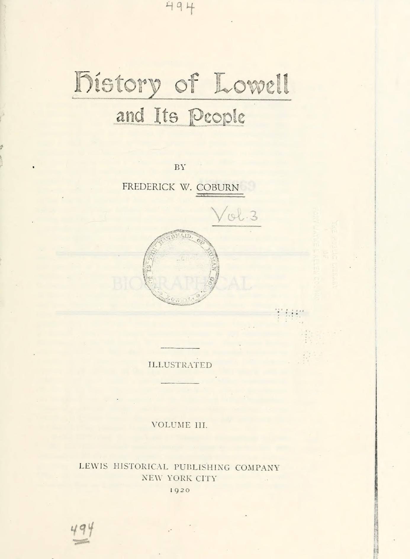 History of Lowell and Its People, vol. 3 (biographical; second copy): Title page