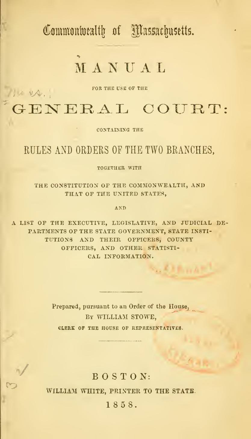 A Manual for the Use of the General Court, 1858: Title page
