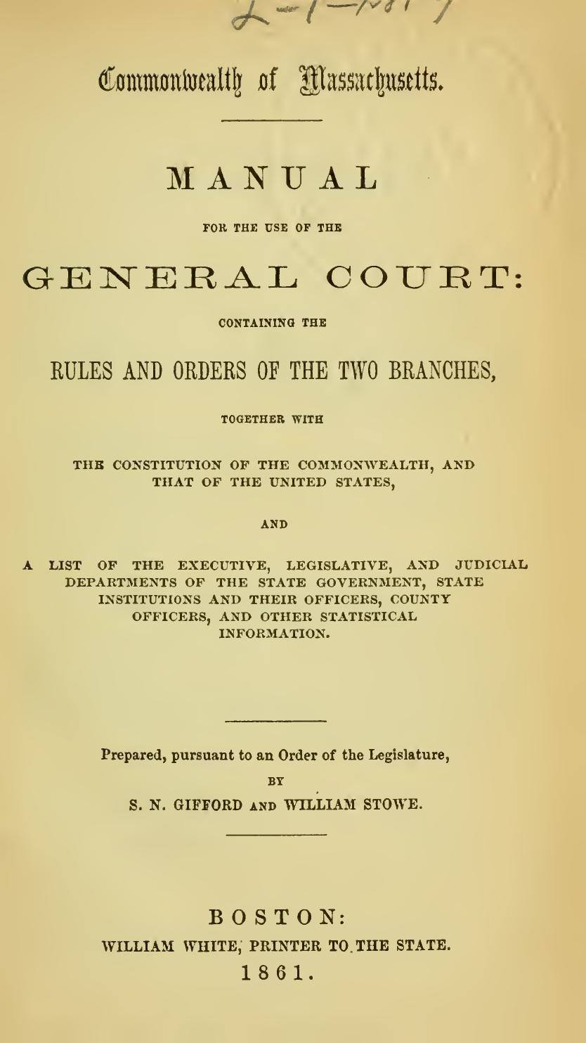 A Manual for the Use of the General Court, 1861: Title page