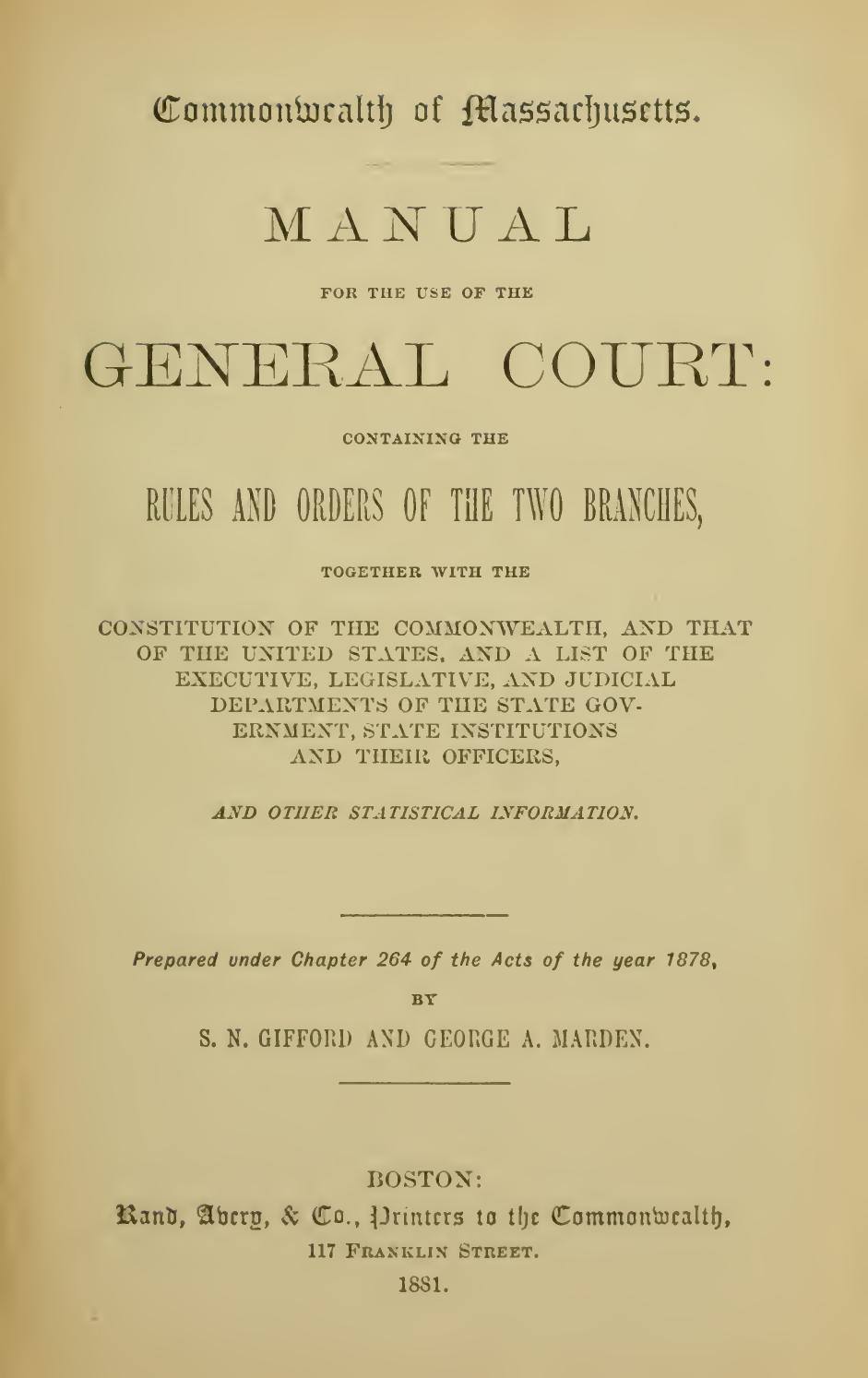 A Manual for the Use of the General Court, 1881: Title page
