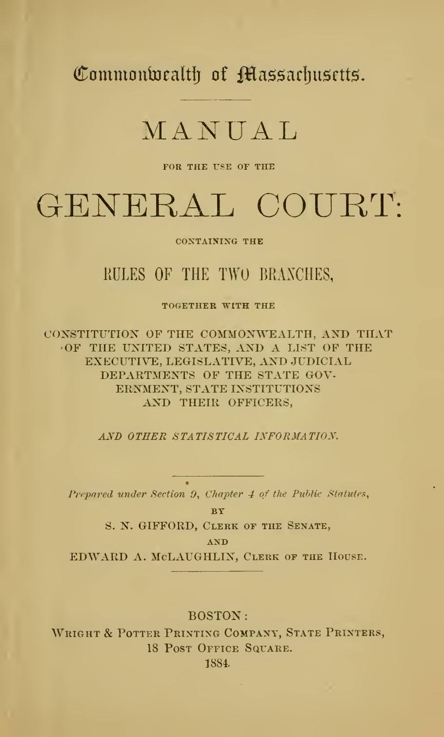 A Manual for the Use of the General Court, 1884: Title page