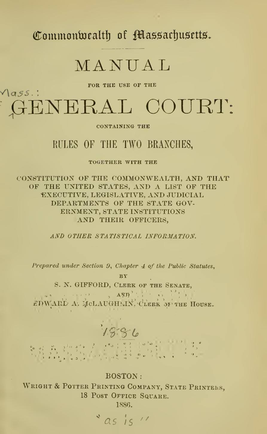 A Manual for the Use of the General Court, 1886: Title page