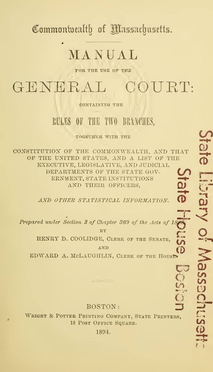 A Manual for the Use of the General Court, 1894: Title page