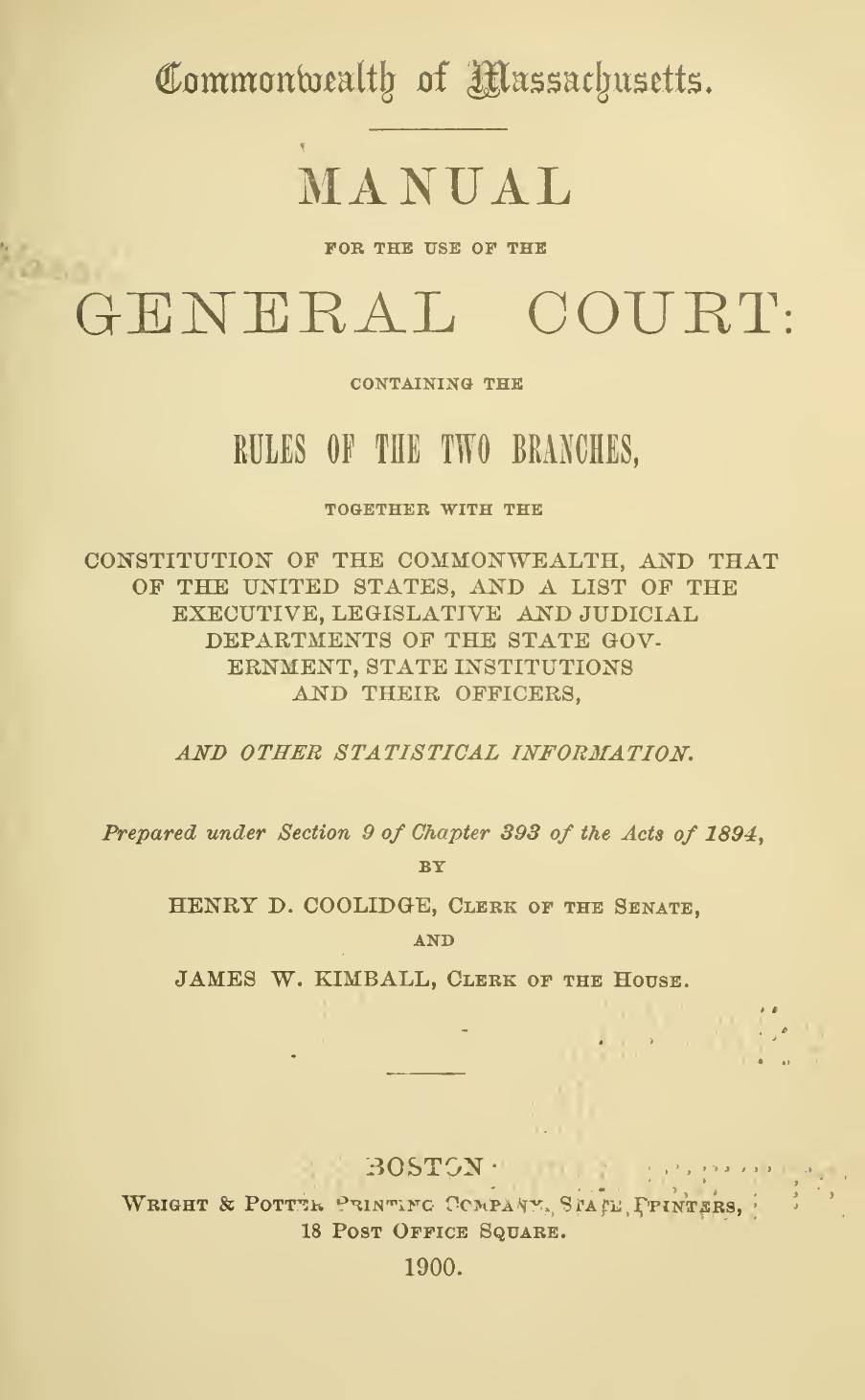 A Manual for the Use of the General Court, 1900: Title page
