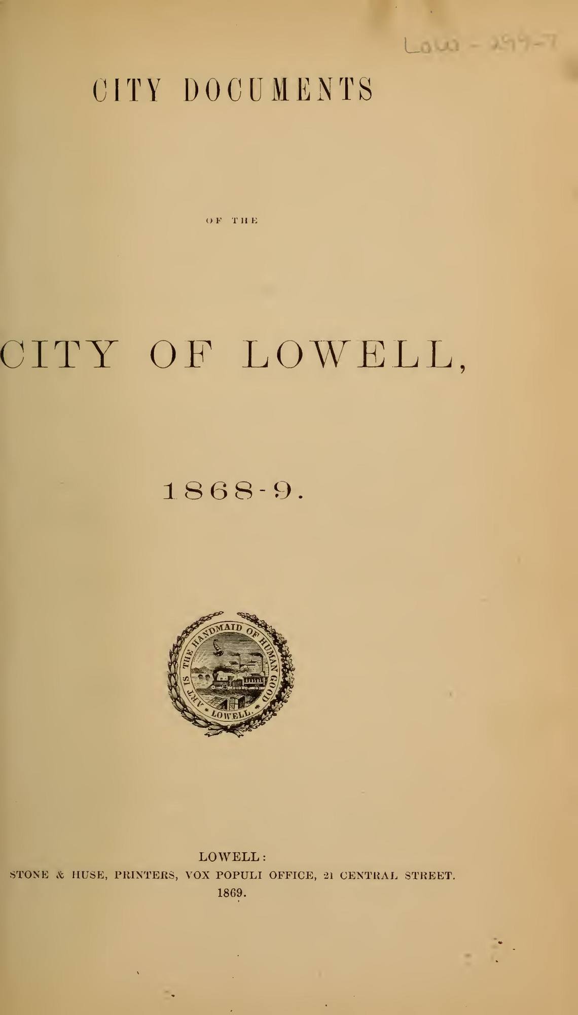 City Documents of the City of Lowell, 1868–69: Title page