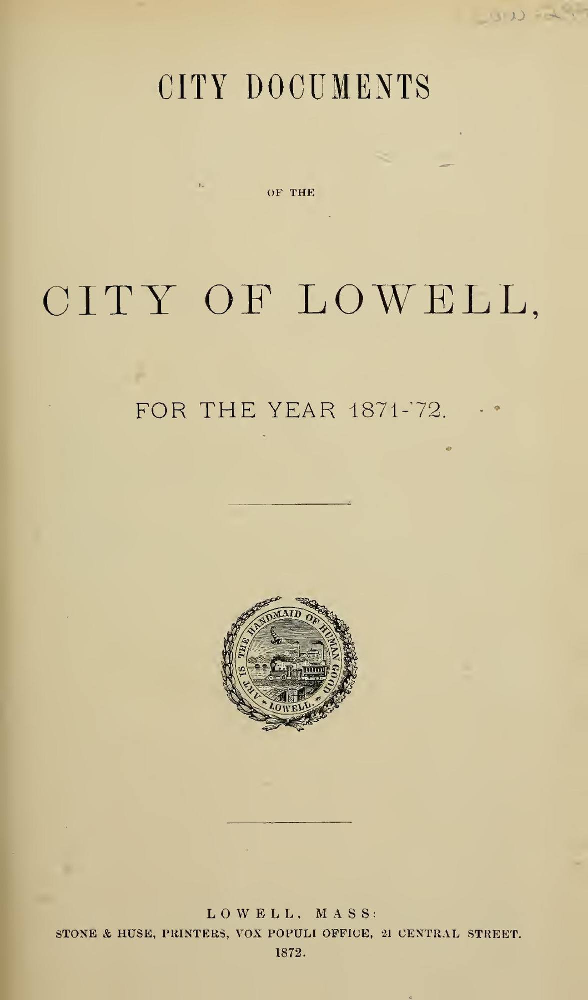 City Documents of the City of Lowell, 1871–72: Title page