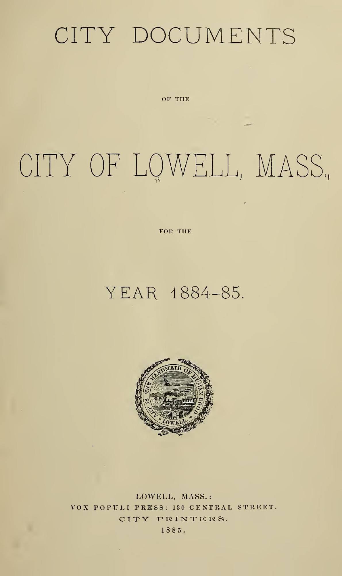 City Documents of the City of Lowell, 1884–85: Title page