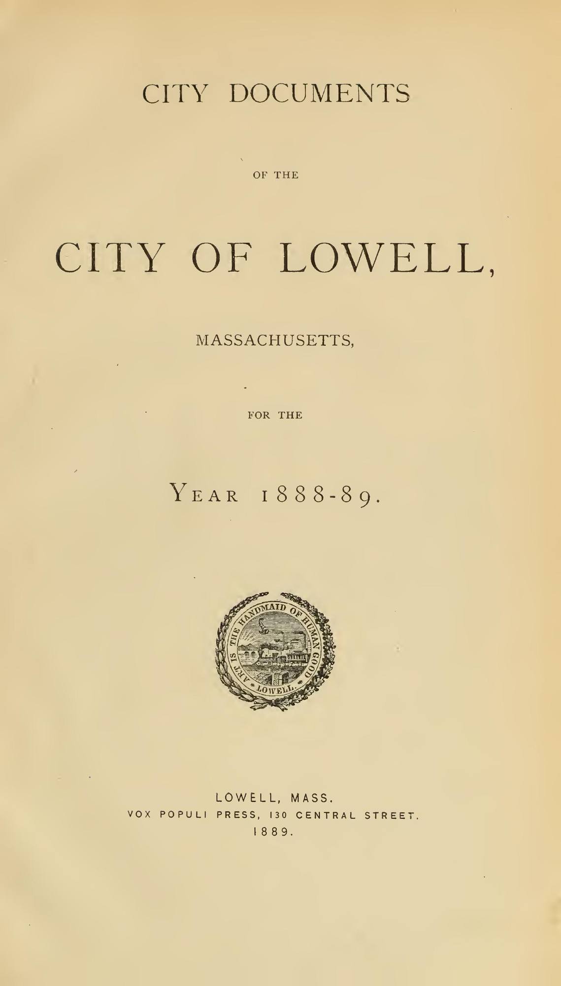 City Documents of the City of Lowell, 1888–89: Title page