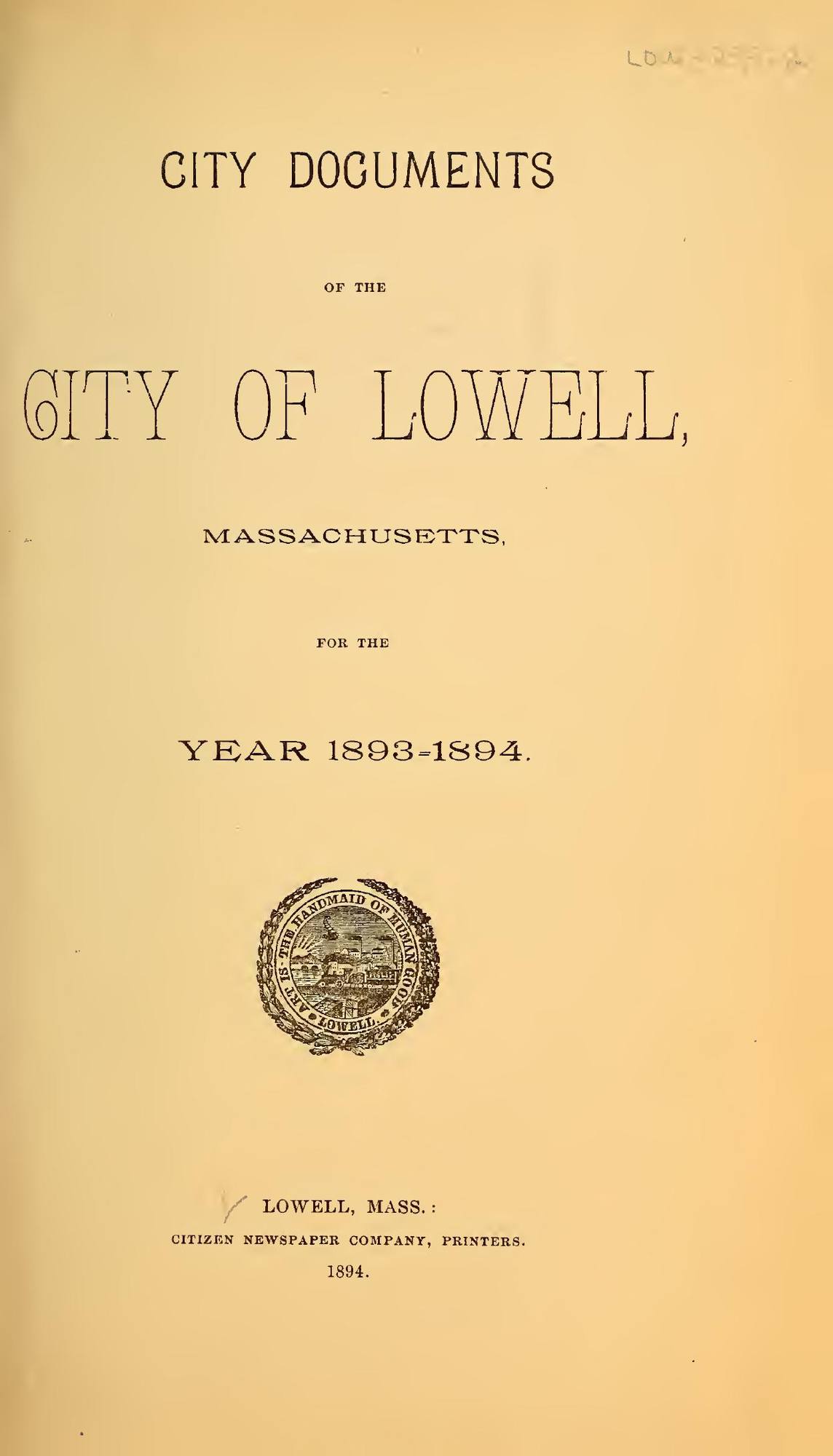City Documents of the City of Lowell, 1893–94: Title page