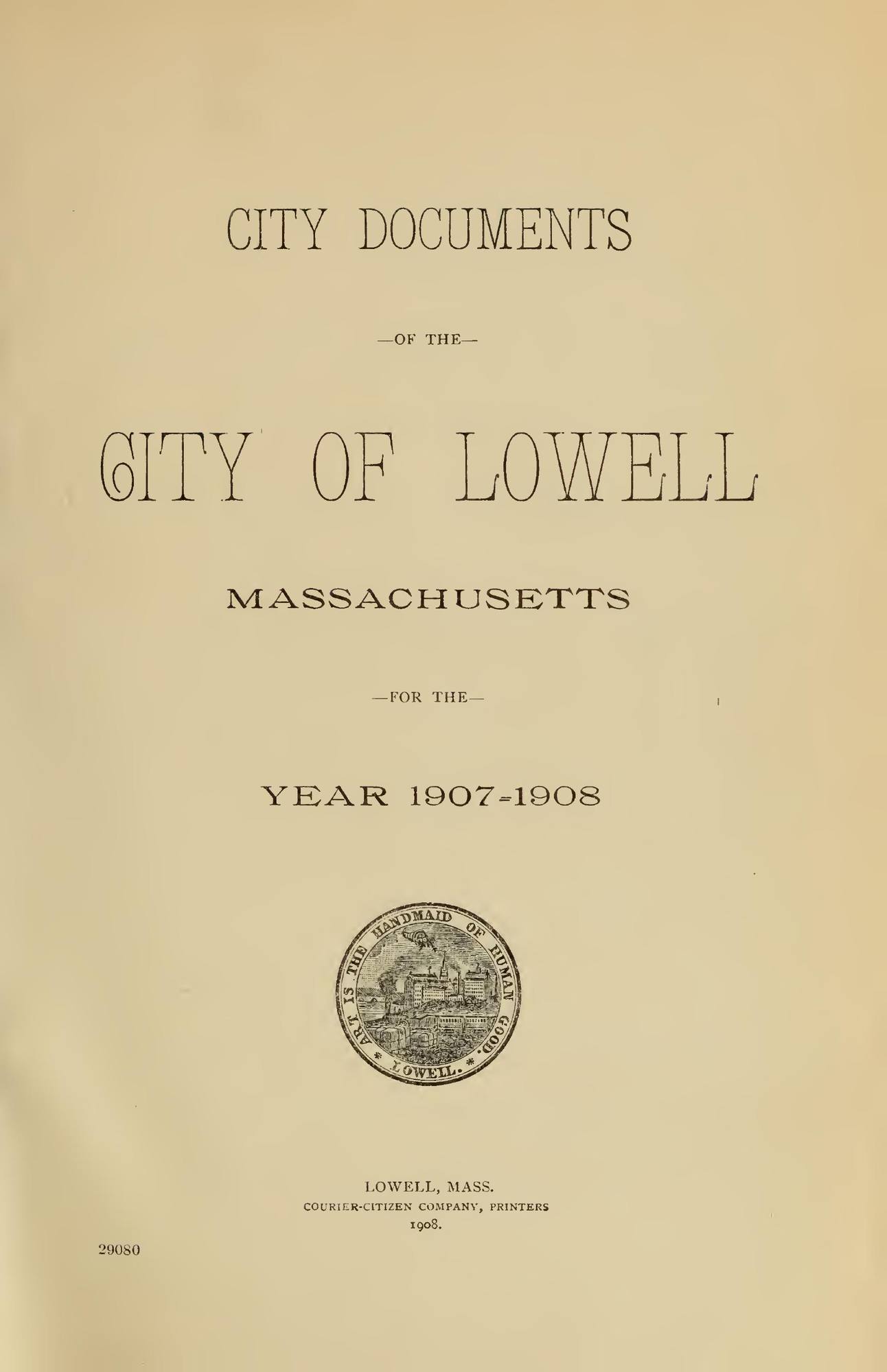 City Documents of the City of Lowell, 1907–08: Title page