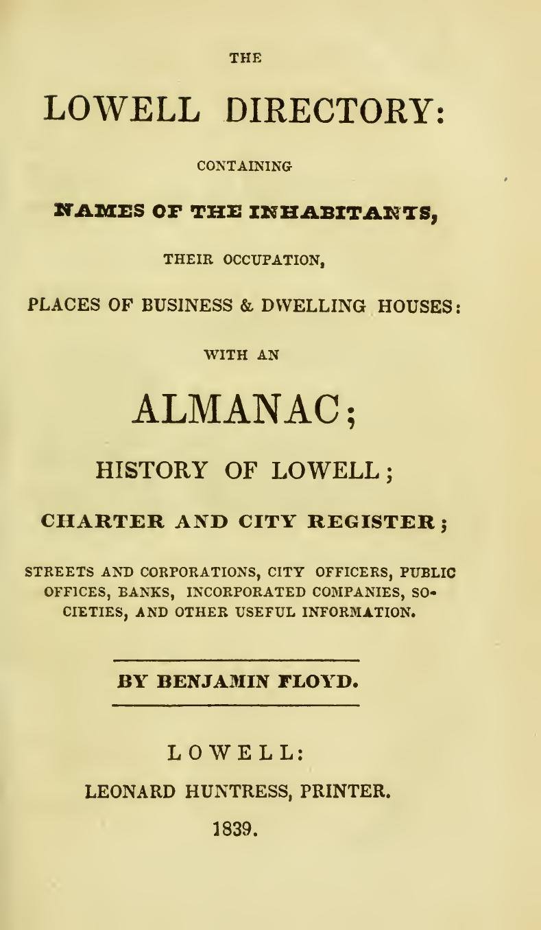 The Lowell Directory, 1839: Title page