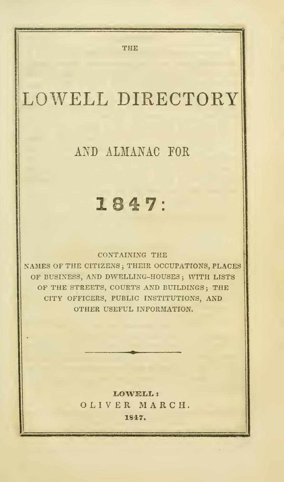 The Lowell Directory, 1847: Title page
