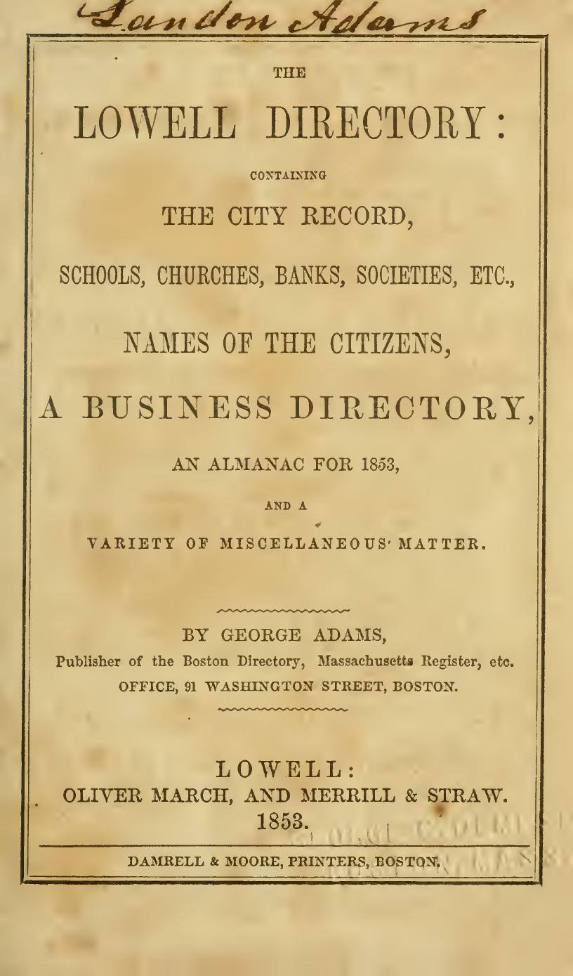 The Lowell Directory, 1853: Title page