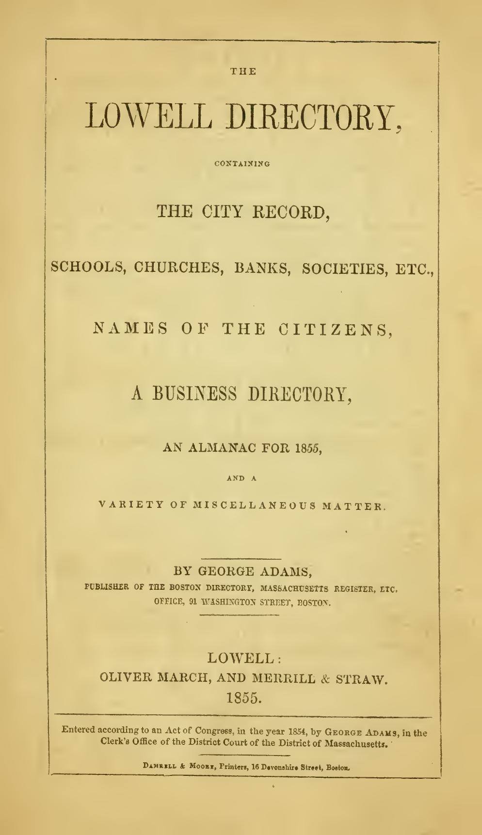 The Lowell Directory, 1855: Title page