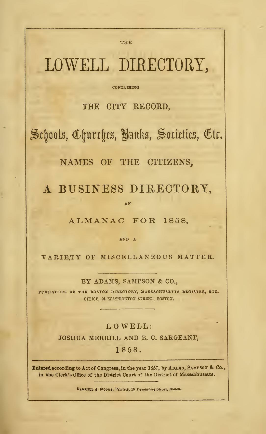 The Lowell Directory, 1858: Title page