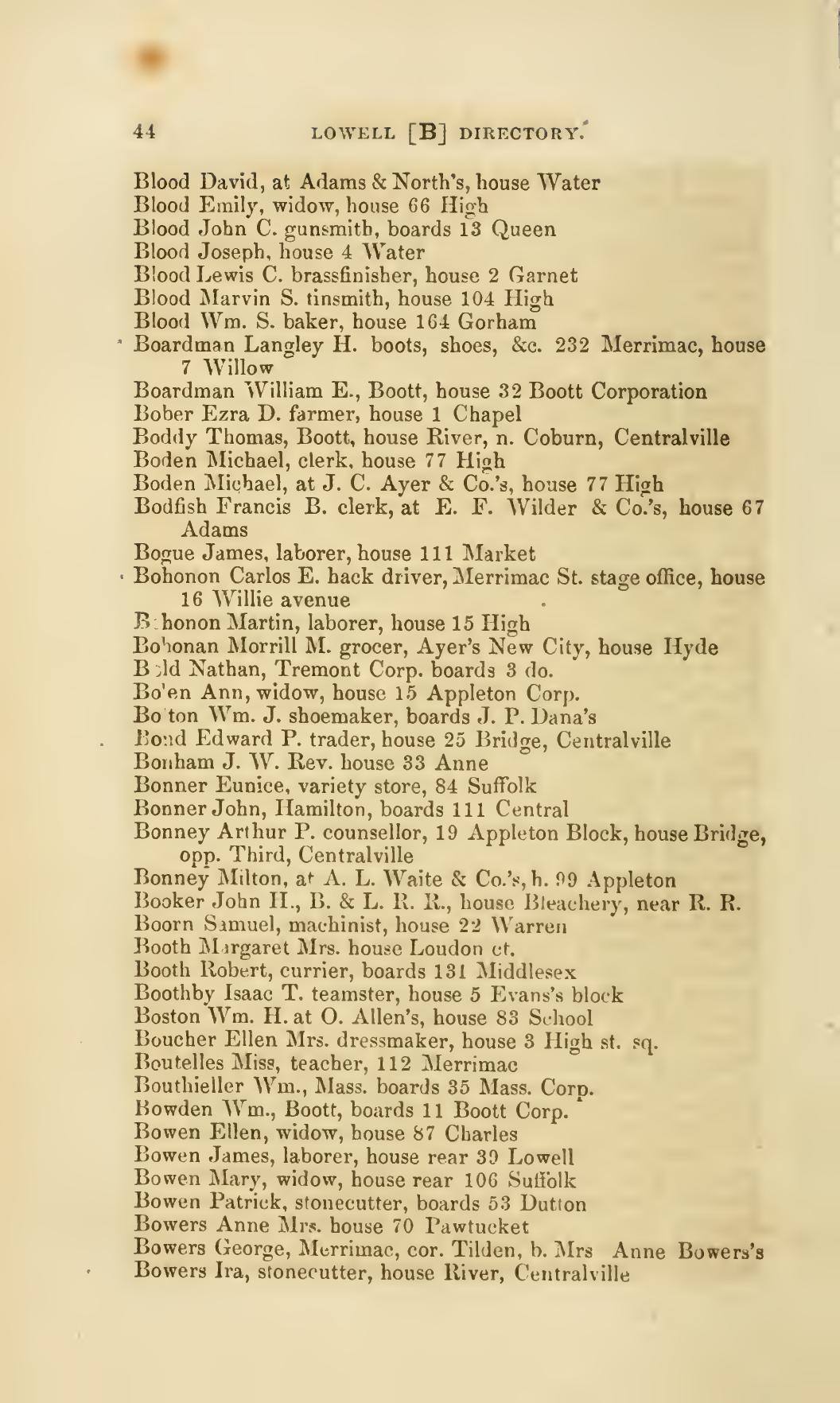 The Lowell Directory, 1858: Leaf 47 of the scan. Cited in note C-181.