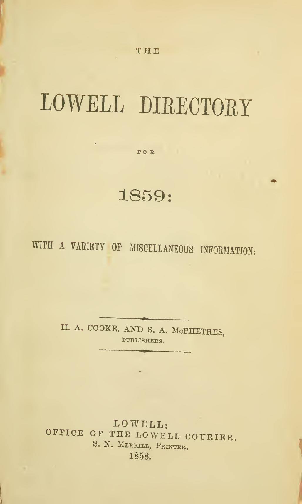The Lowell Directory, 1859: Title page