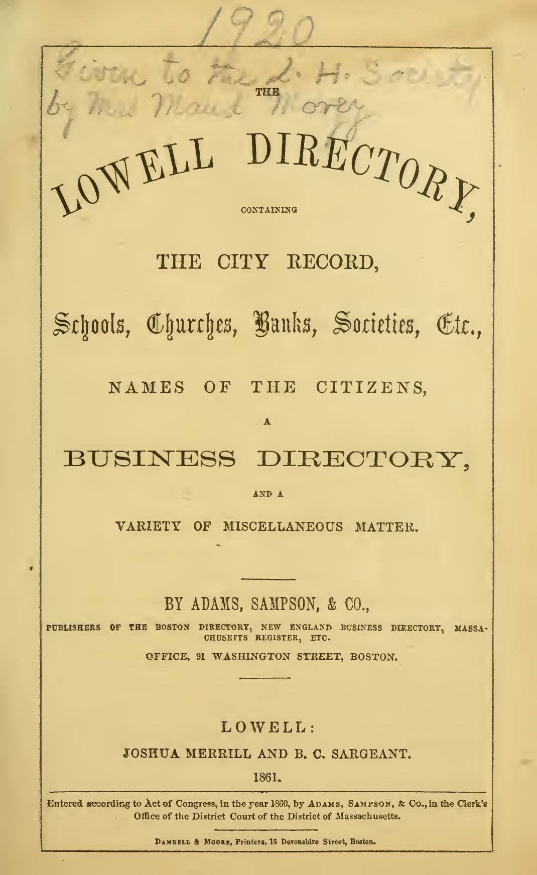 The Lowell Directory, 1861: Title page