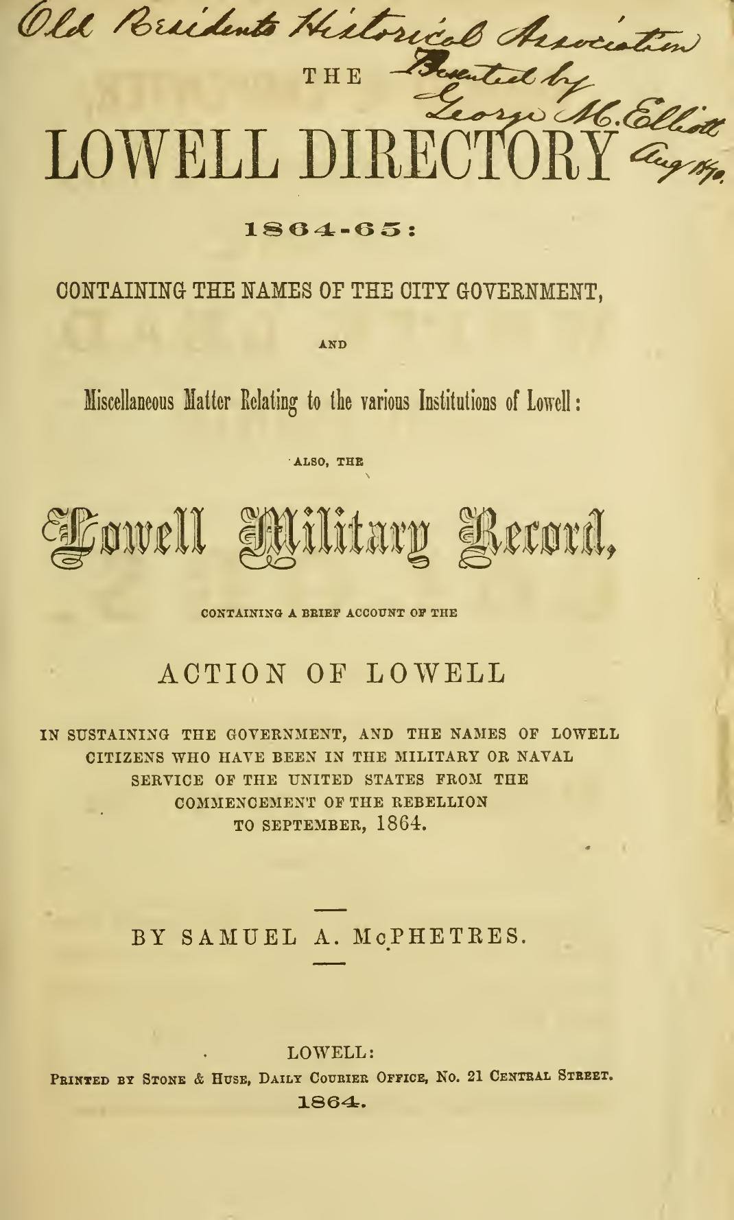 The Lowell Directory, 1864–65: Title page