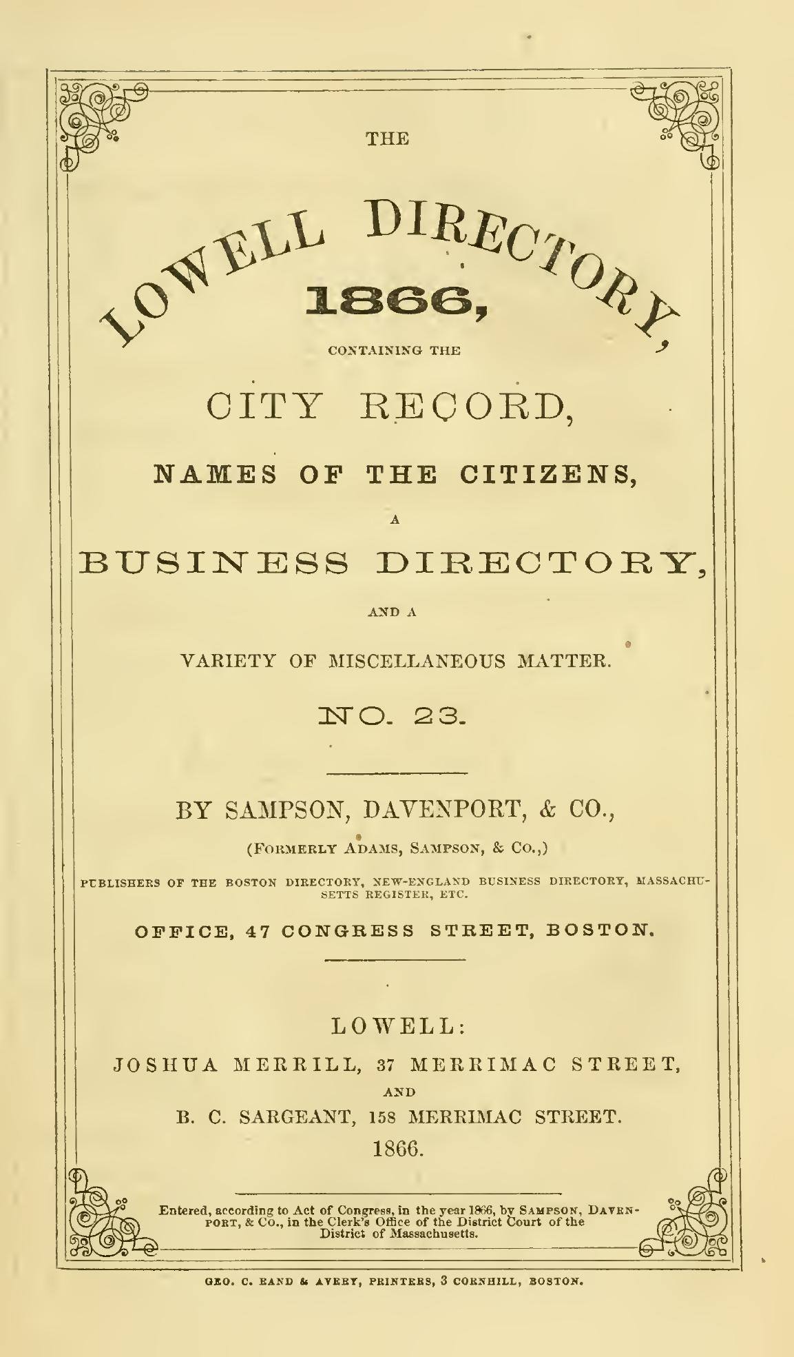 The Lowell Directory, 1866: Title page