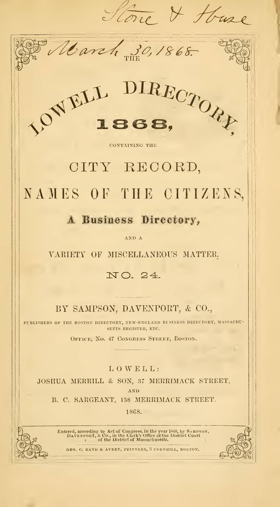 The Lowell Directory, 1868: Title page