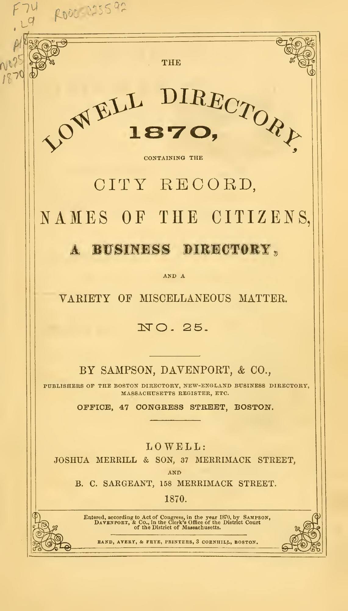 The Lowell Directory, 1870: Title page