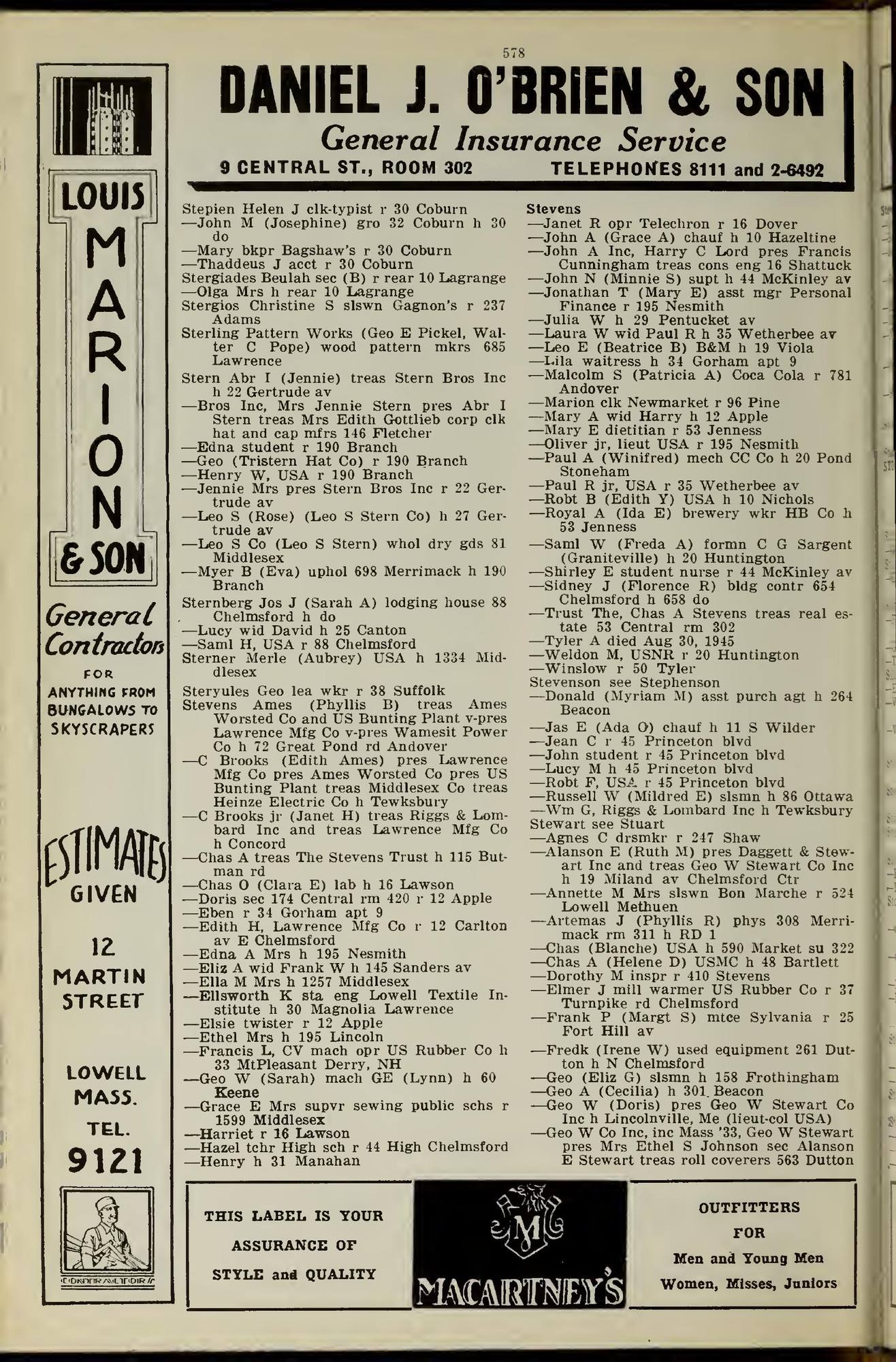 The Lowell Directory, 1946: Leaf 581 of the scan. Cited in note C-176.