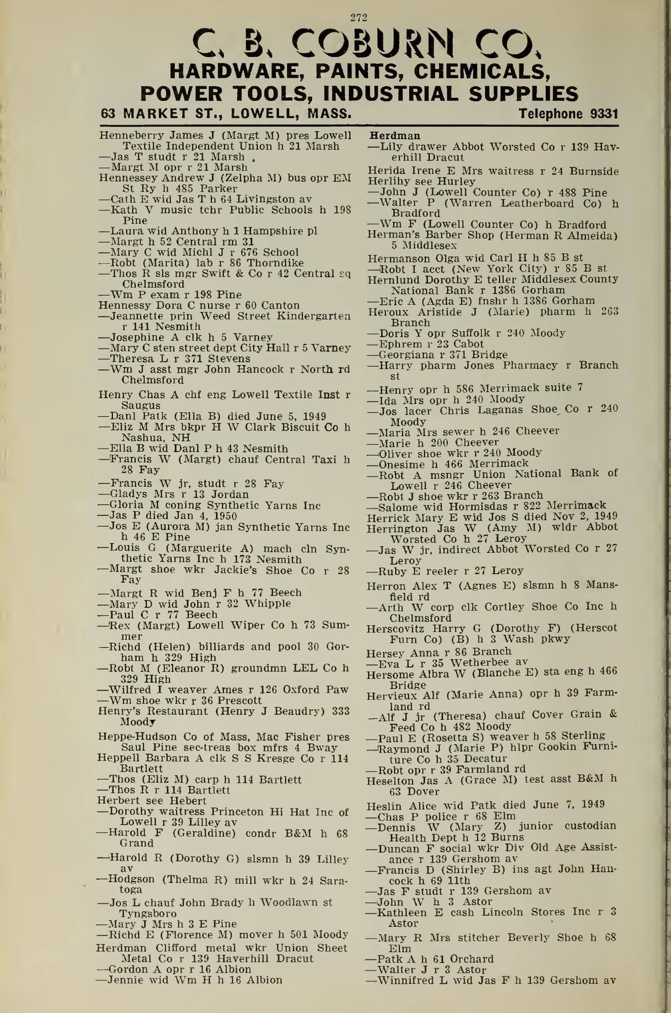 The Lowell Directory, 1950: Leaf 275 of the scan. Cited in note C-175.