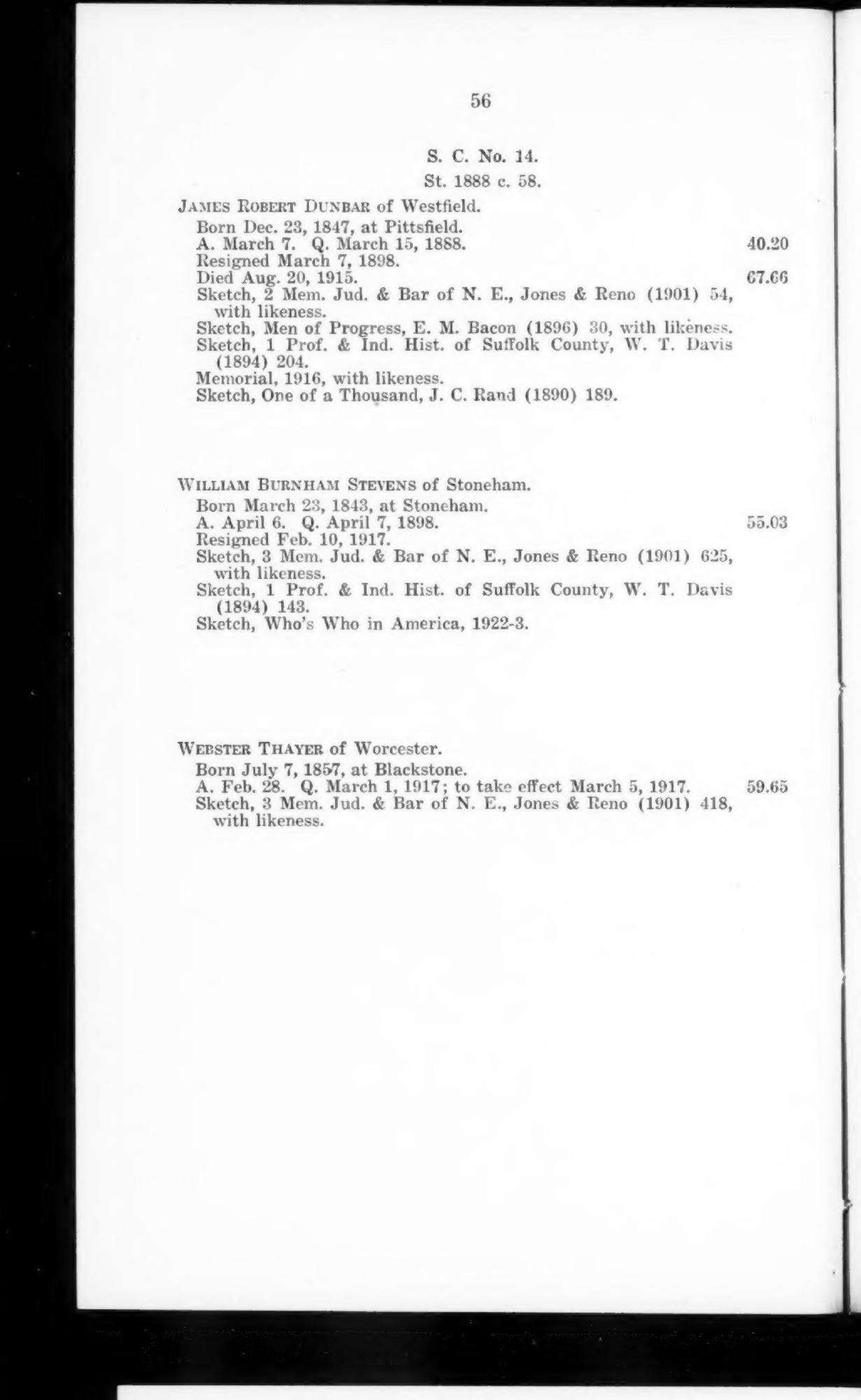 Massachusetts Law Quarterly, vol. 15, no. 4, supplement no. 2: Statistics and Successions in the Supreme Judicial Court and the Superior Court of Massachusetts, to January 1, 1930: p. 56 (leaf 57 of the scan). Cited in note C-203.