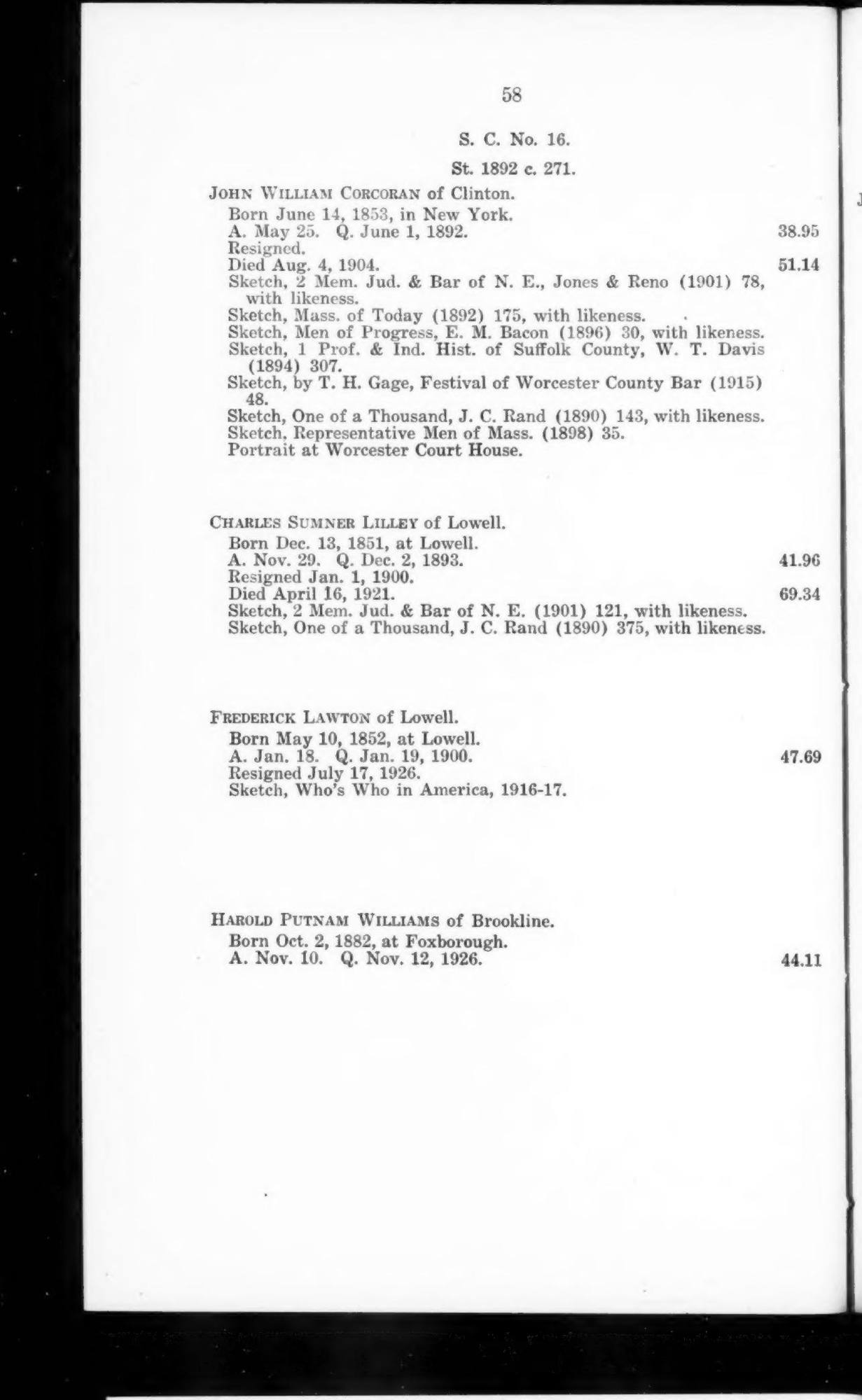 Massachusetts Law Quarterly, vol. 15, no. 4, supplement no. 2: Statistics and Successions in the Supreme Judicial Court and the Superior Court of Massachusetts, to January 1, 1930: p. 58 (leaf 59 of the scan). Cited in note C-196.