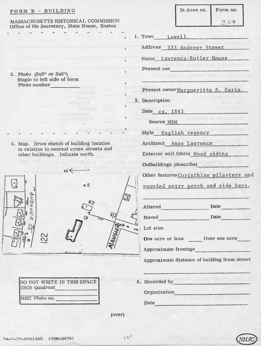 Massachusetts Historical Commission Form B, 333 Andover Street, Lawrence–Butler House: Form B, front: identification and sketch map