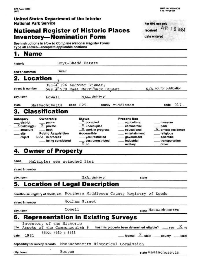 National Register of Historic Places nomination, Hoyt–Shedd Estate, 386–396 Andover Street, Lowell (ref. 84002697): First page