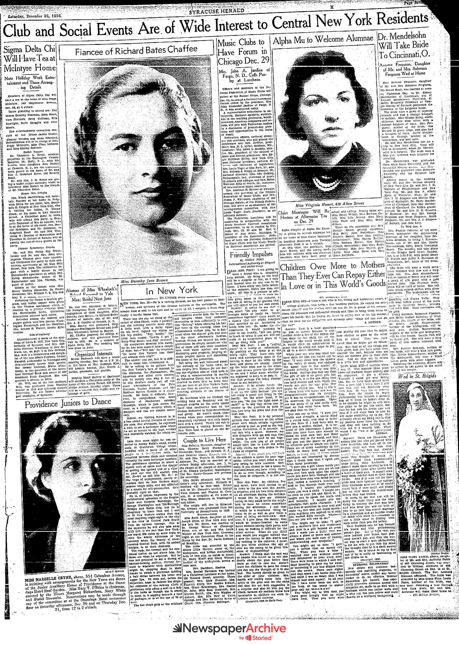 Syracuse Herald, December 26, 1936, p. 11 — "Alumna of Miss Wheelock’s School Engaged to Yale Man; Bridal Next June", with the portrait of Miss Dorothy Jane Brown: Syracuse Herald, December 26, 1936, p. 11, with the engagement notice and portrait of Miss Dorothy Jane Brown